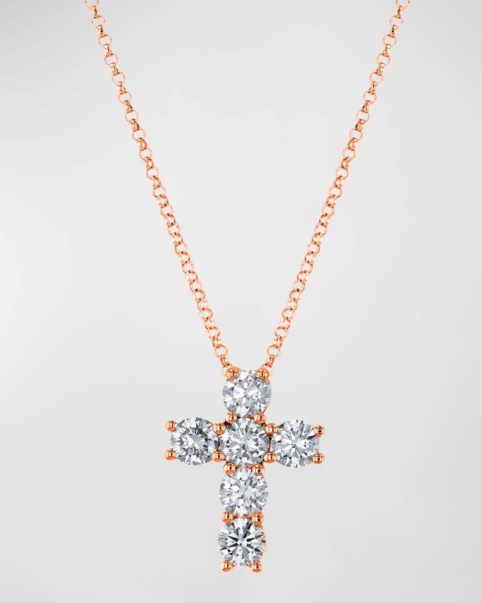 18k Gold 6-Stone Shared Prong Round Diamond Cross Necklace, 0.90tcw, 16"L