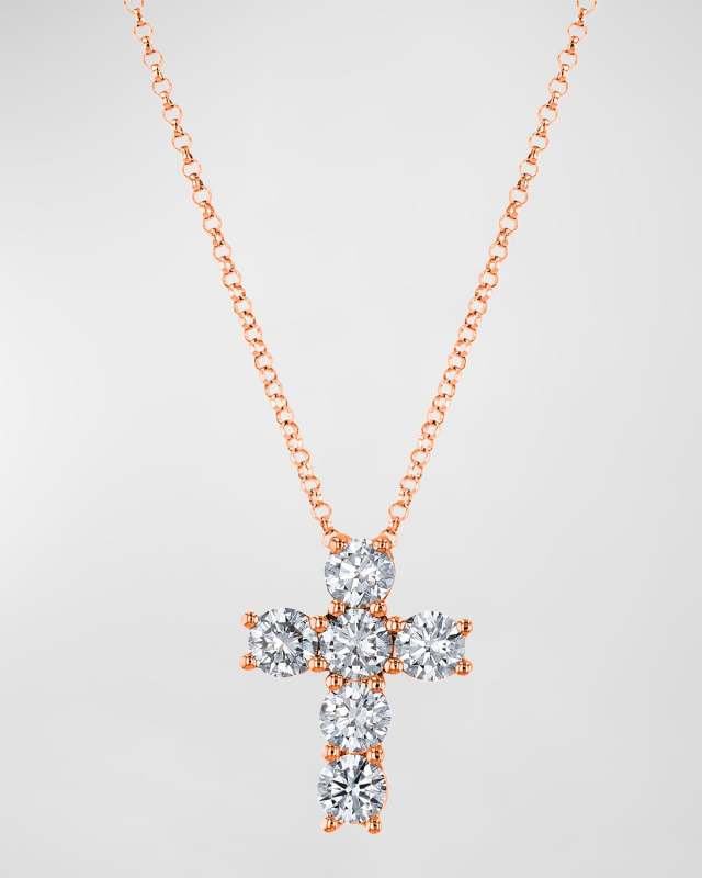 18k Gold 6-Stone Shared Prong Round Diamond Cross Necklace, 0.90tcw, 16"L