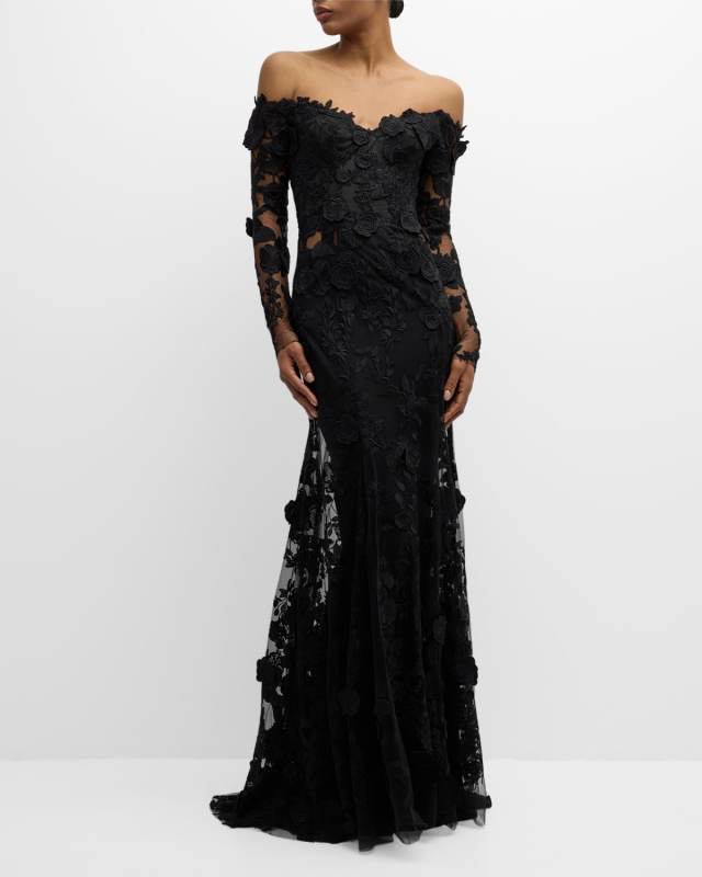 Off-The-Shoulder Long-Sleeve Lace Trumpet Gown