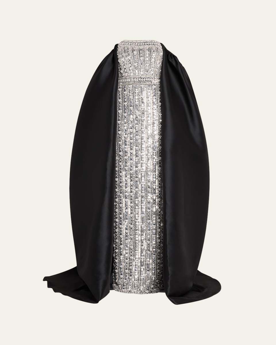 Crystal Embellished Tulle Gown with Pique Mikado Cape