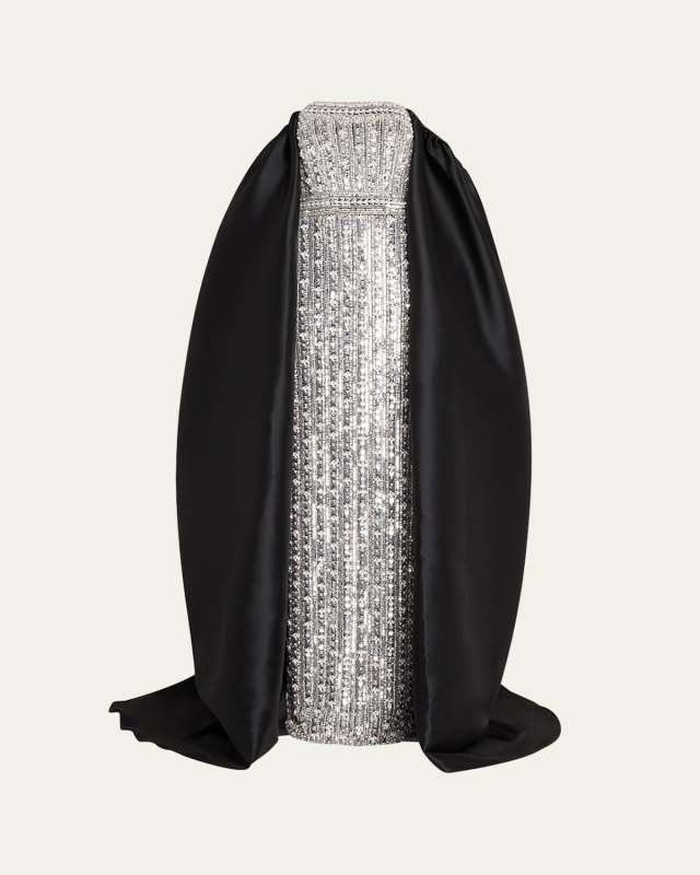 Crystal Embellished Tulle Gown with Pique Mikado Cape
