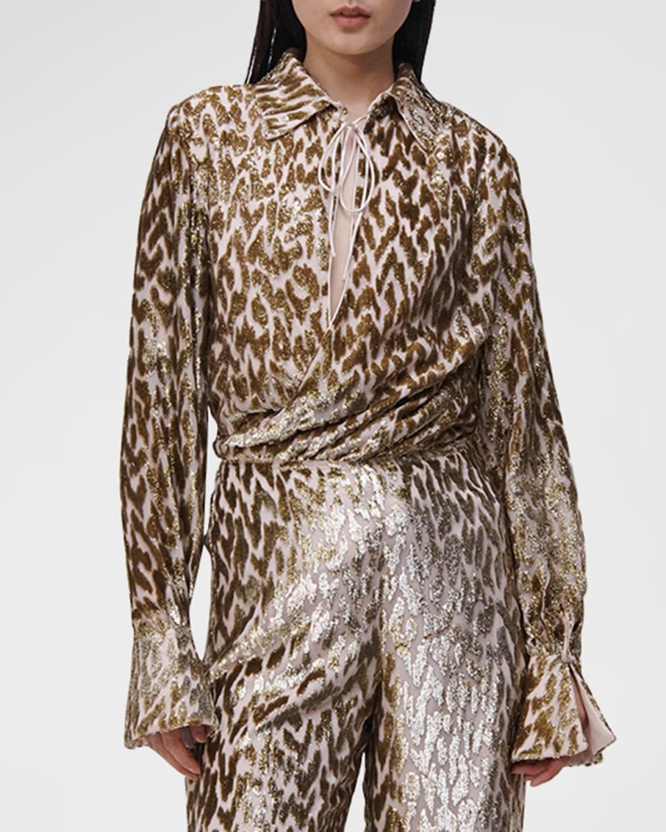 Luella Metallic Jacquard Deep V Long-Sleeve Top