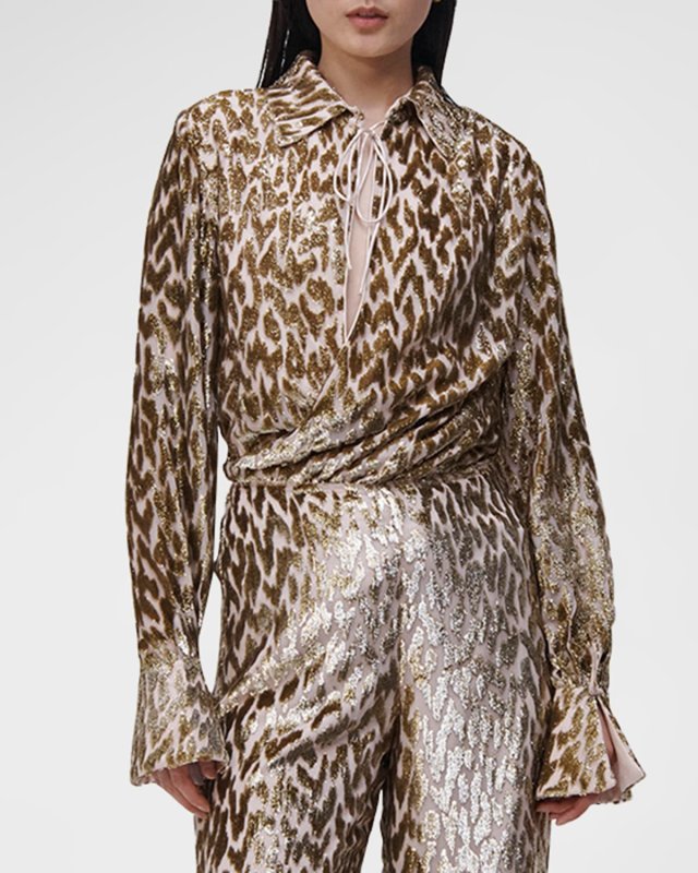 Luella Metallic Jacquard Deep V Long-Sleeve Top
