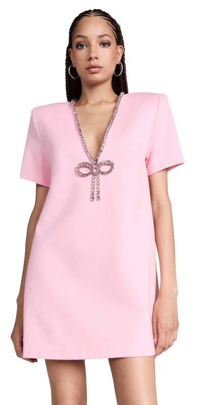 AREA Crystal Bow V Neck T-Shirt Dress White