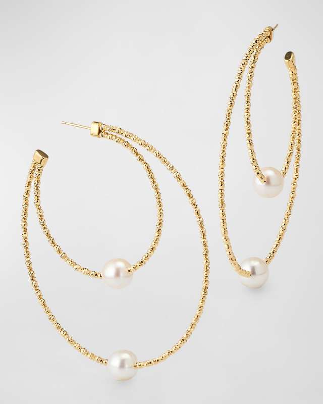 18K Yellow Gold Double Hoop Akoya Pearl Earrings