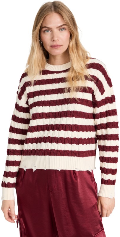 LNA Devi Distressed Cable Knit Sweater Ivory Burgundy Stripe