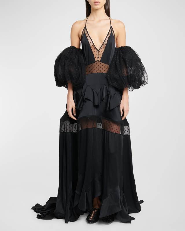 Plunging Plumetis-Trim Puff-Sleeve Backless Maxi Dress