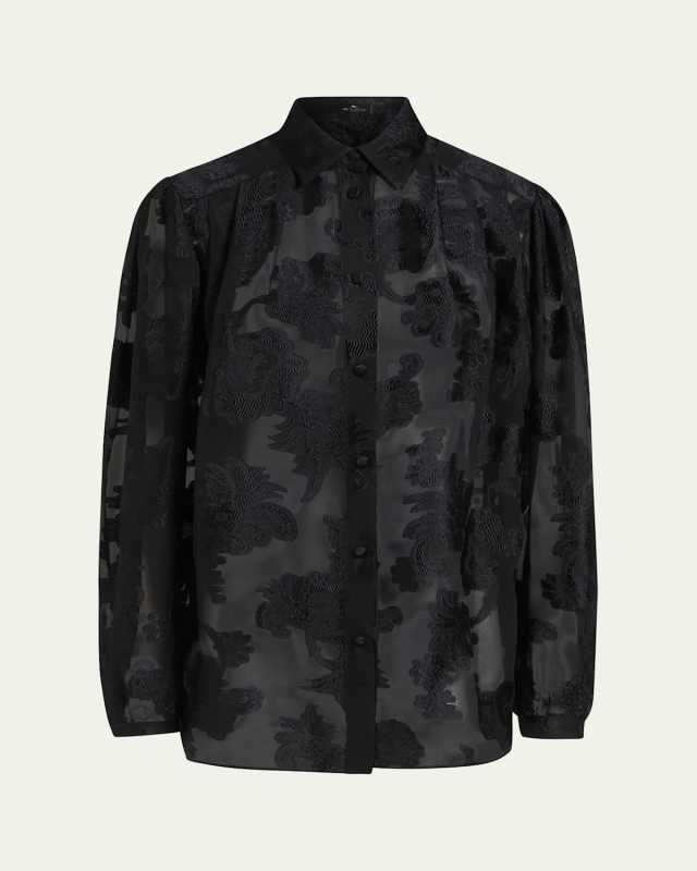 Floral-Embroidered Semi Sheer Blouse