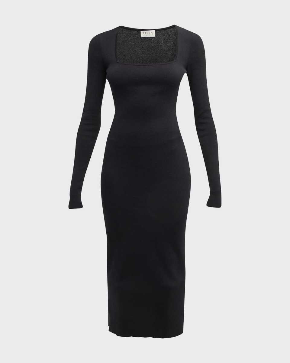 Bonna Square-Neck Long-Sleeve Rib Midi Dress