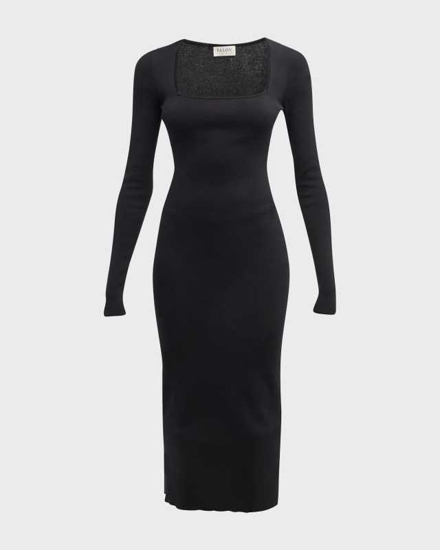 Bonna Square-Neck Long-Sleeve Rib Midi Dress