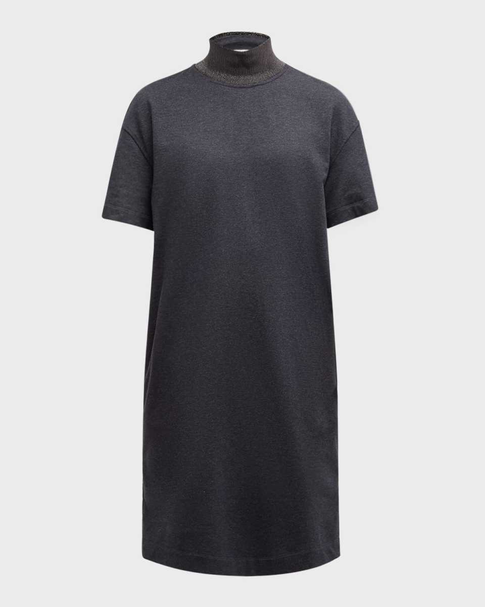 Monili-Collar Shiny Felpa Short-Sleeve T-Shirt Dress
