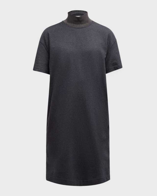 Monili-Collar Shiny Felpa Short-Sleeve T-Shirt Dress