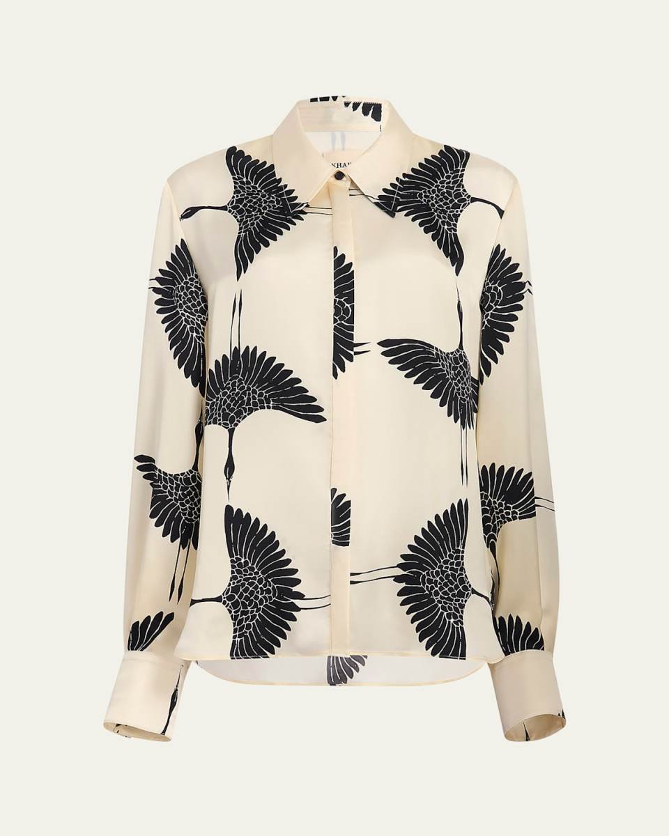 Minta Bird-Print Collared Satin Top