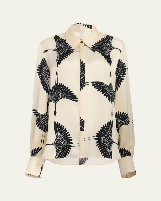 Minta Bird-Print Collared Satin Top