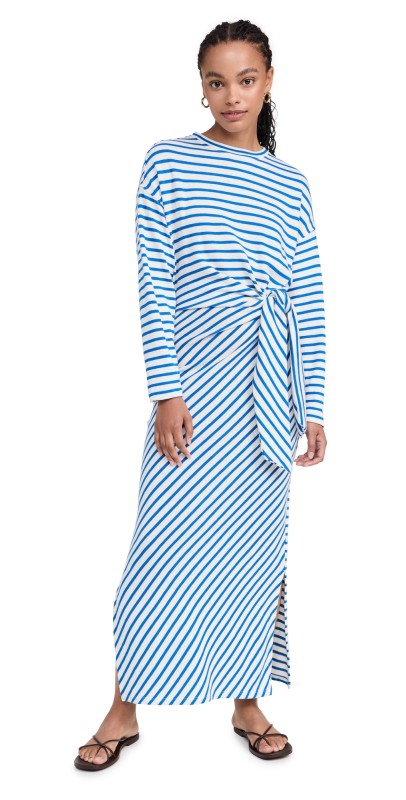 Apiece Apart Long Sleeve Vanina Cinched Waist Dress Cobalt And Cream Stripe