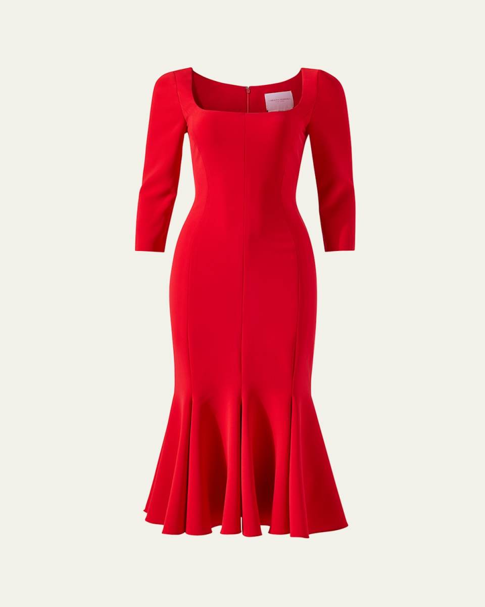 Square-Neck 3/4-Sleeve Midi Trumpet Dress