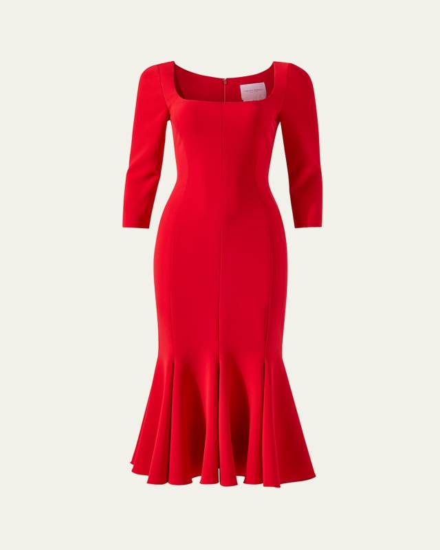 Square-Neck 3/4-Sleeve Midi Trumpet Dress