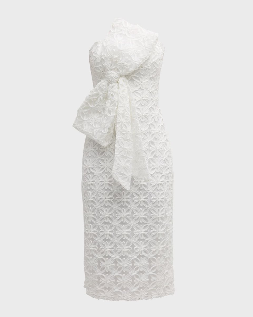 Strapless Bow-Front Applique Midi Dress