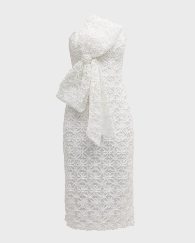 Strapless Bow-Front Applique Midi Dress
