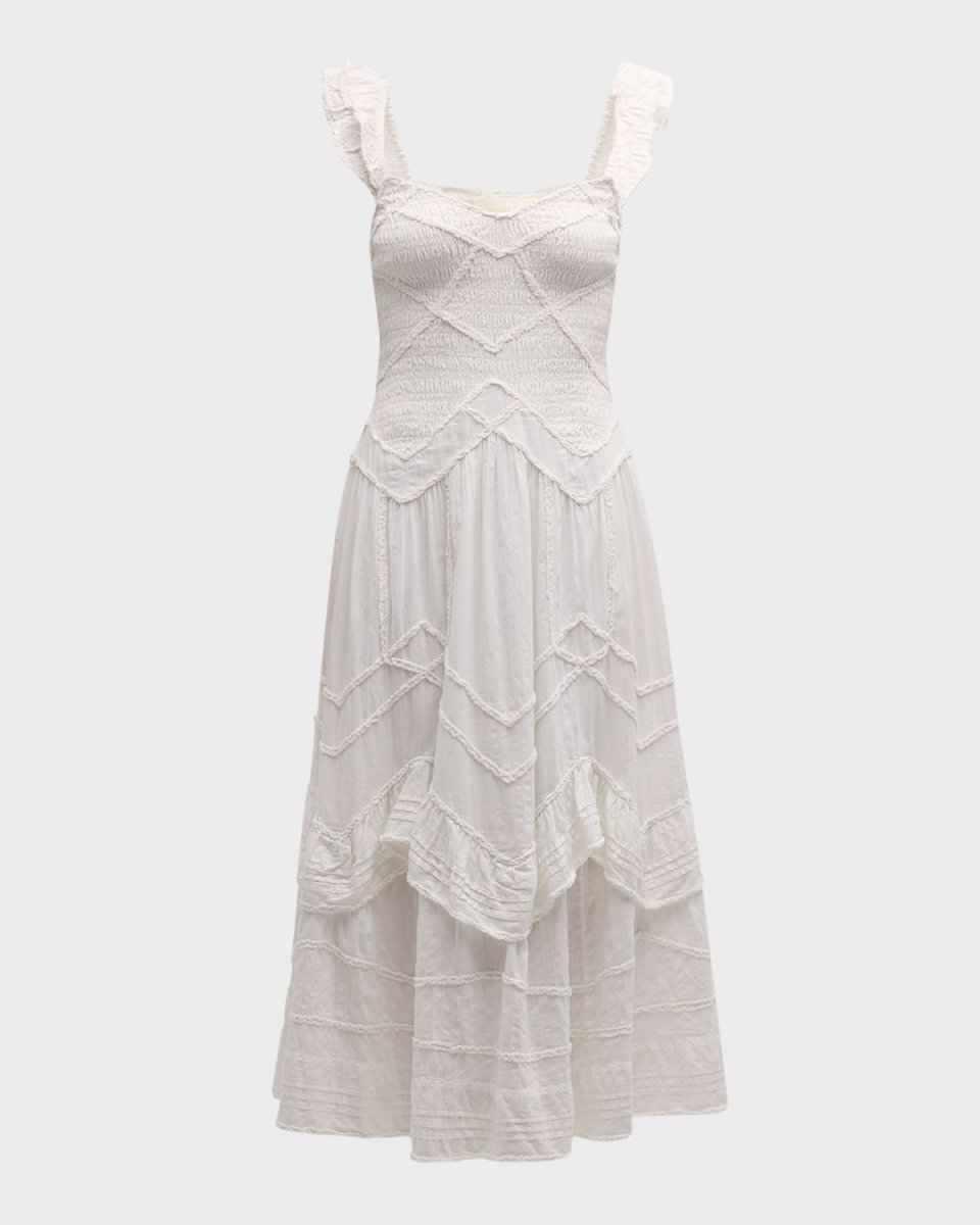 Brin Ruffle-Trim Smocked Cotton Midi Dress