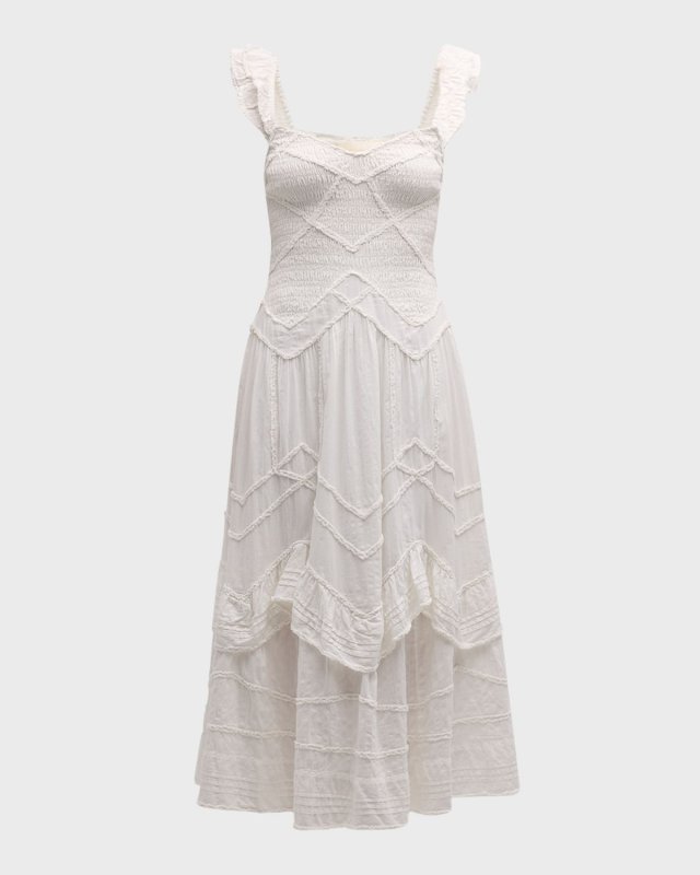 Brin Ruffle-Trim Smocked Cotton Midi Dress