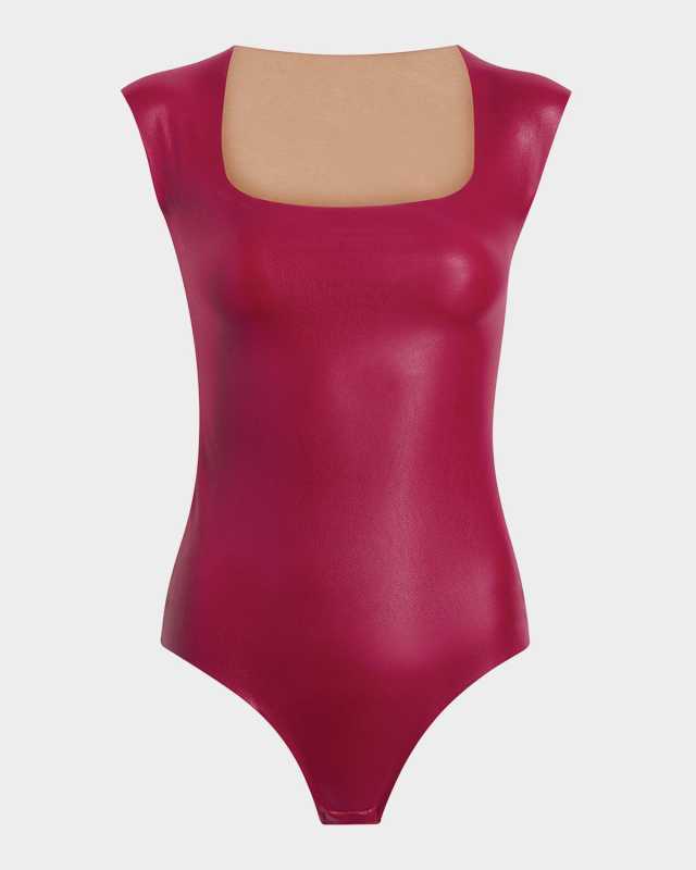 Cap-Sleeve Faux Leather Bodysuit