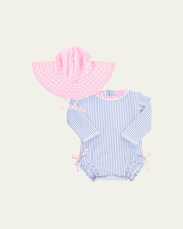 Girl's Seersucker Rashguard And Sun Hat Set, Size 3M-