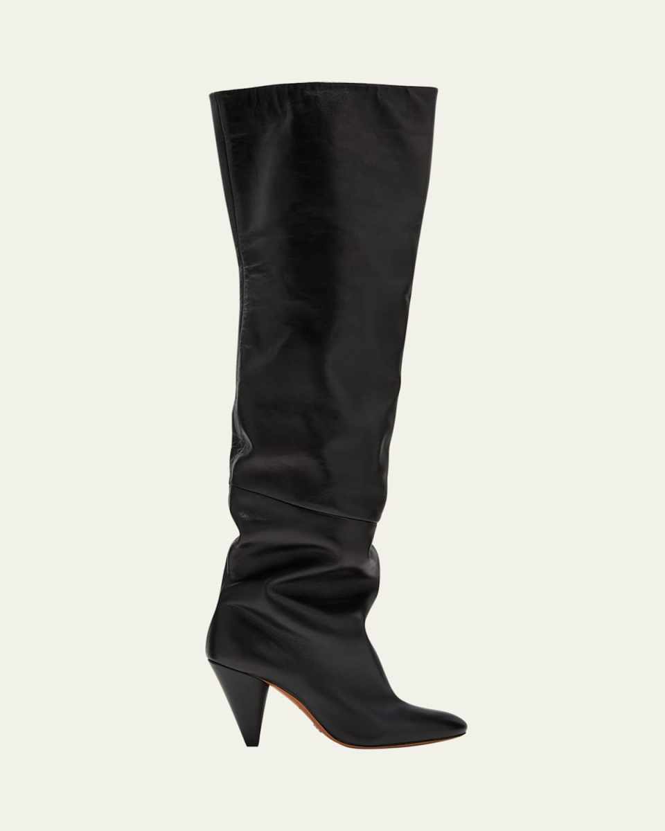 Slouchy Leather Cone-Heel Over-the-Knee Boots