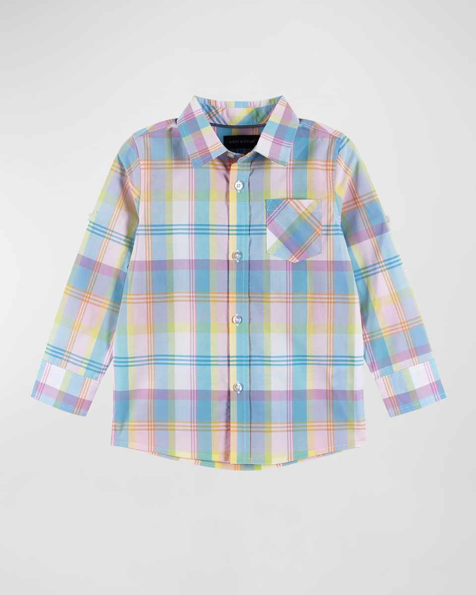 Boy's Pastel Plaid-Print Button Down Shirt, Size 2T-8