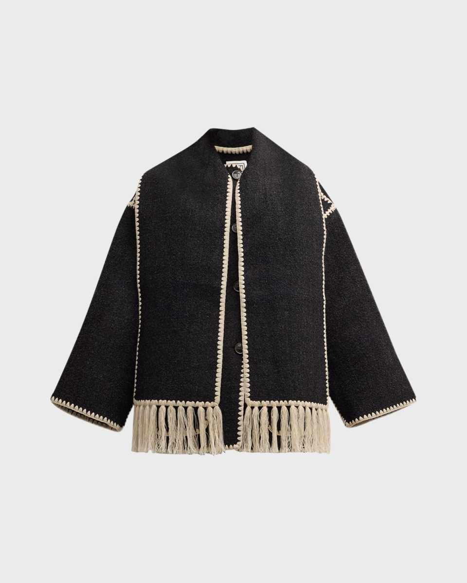 Embroidered Fringe Contrast-Trim Scarf Wool Jacket