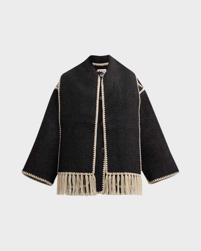 Embroidered Fringe Contrast-Trim Scarf Wool Jacket