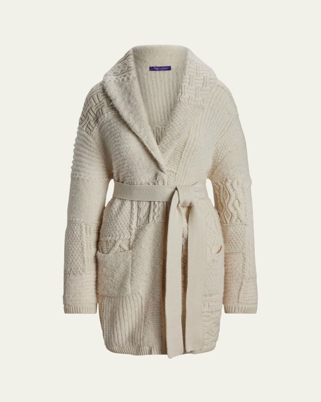 Patchwork Shawl-Collar Belted Cardigan