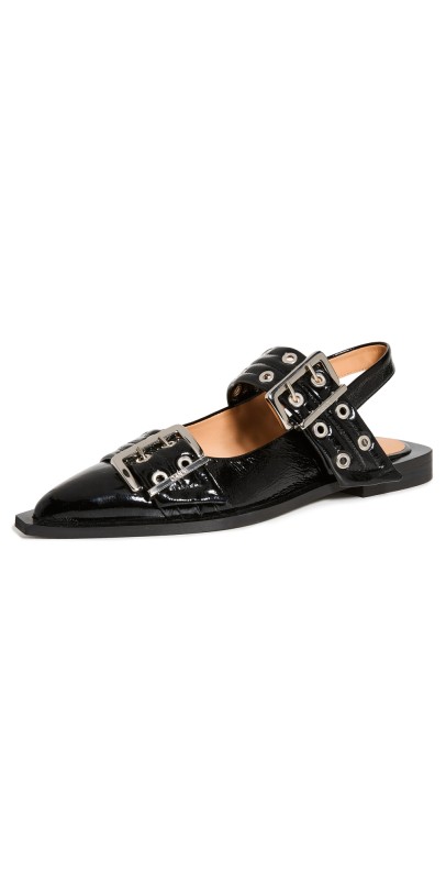 GANNI Wide Welt Buckle Ballerina Flats Black