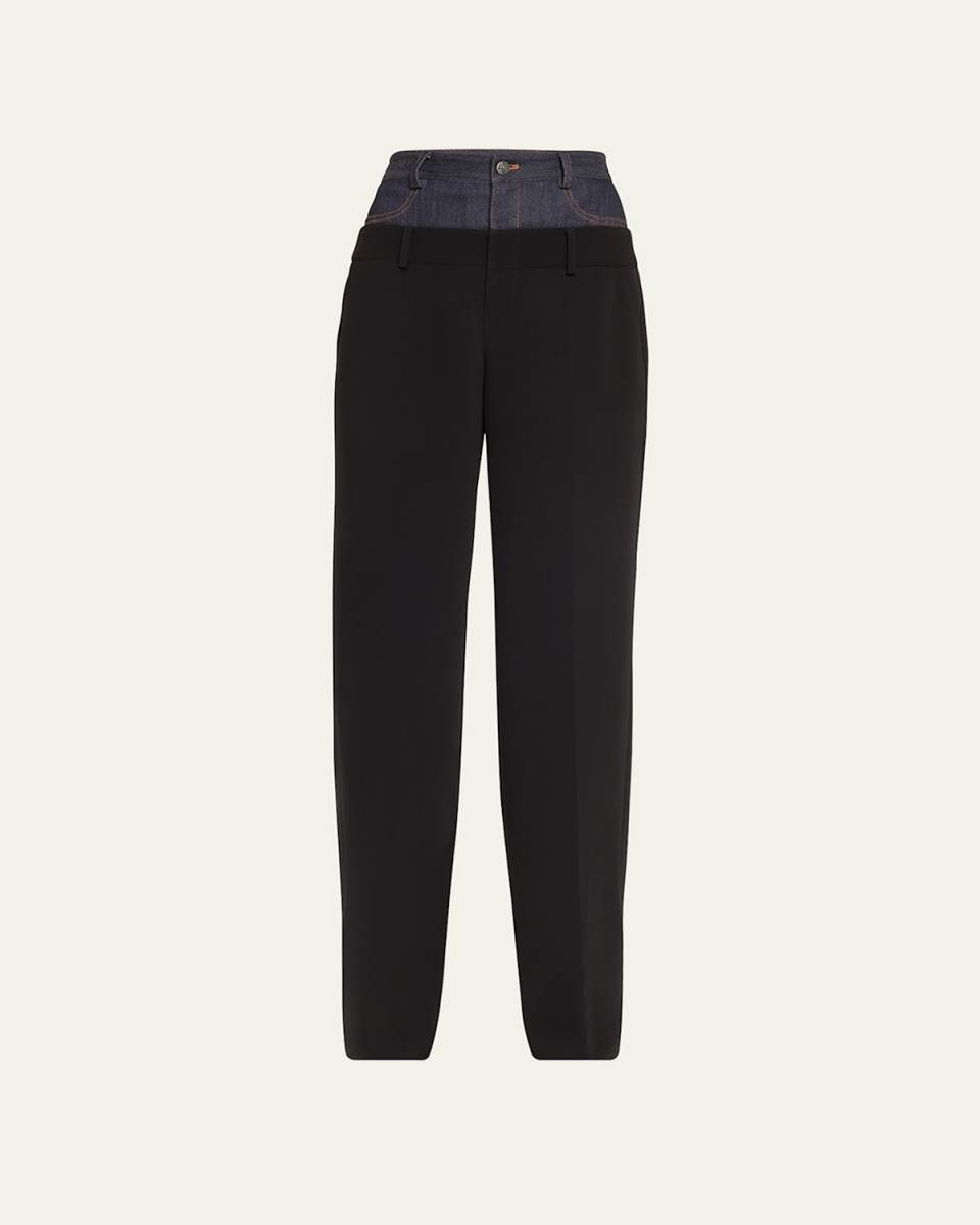 Dionne Mixed Media Straight-Leg Pants