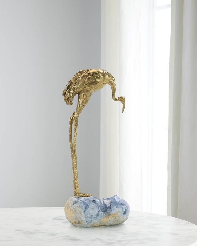 Brass Crane Sculpture On Kyanite