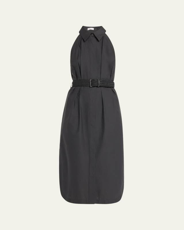 Techno Cotton Poplin Shirtdress with Raffia Belt and Monili Detai