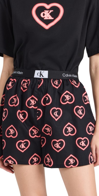 Calvin Klein Underwear 1996 Wovens Cotton Traditional Boxers Neon Hearts Repeat+poppy Red