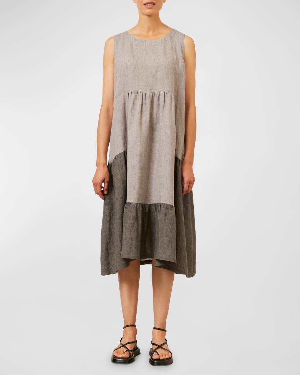 Two-Tone Tiered Pleated Sleeveless Dress