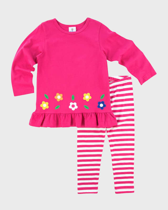 Girl's Knit Top W/ Flowers & Striped Leggings, Size 2-