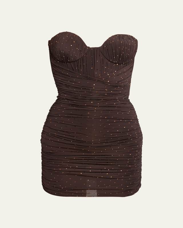 Crystal Strapless Ruched Mini Dress with Gloves