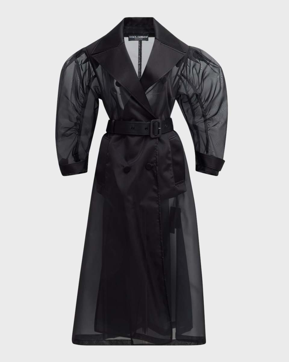 Curved-Sleeve Belted Organza Nylon Long Trench Coat