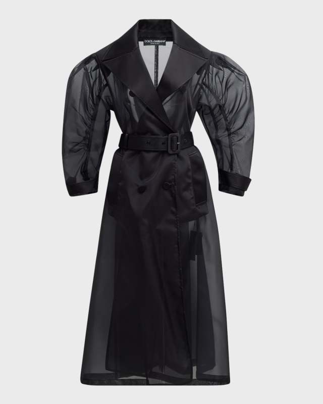 Curved-Sleeve Belted Organza Nylon Long Trench Coat
