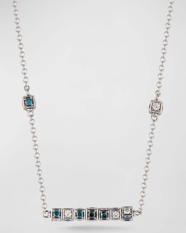 18k White Gold Blue and White Diamond Cube Long Bar Necklace