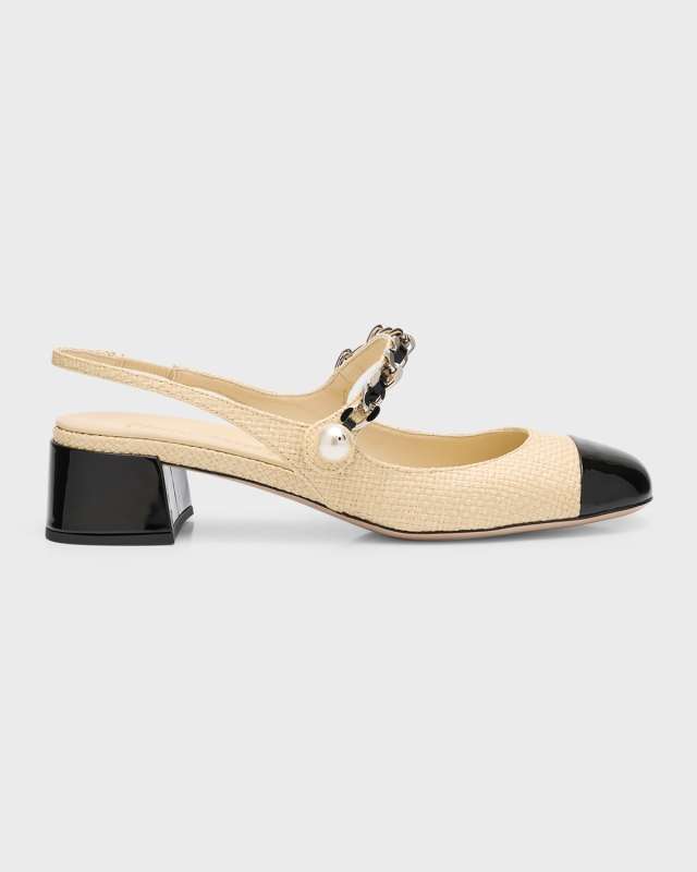 Bicolor Raffia Mary Jane Slingback Pumps