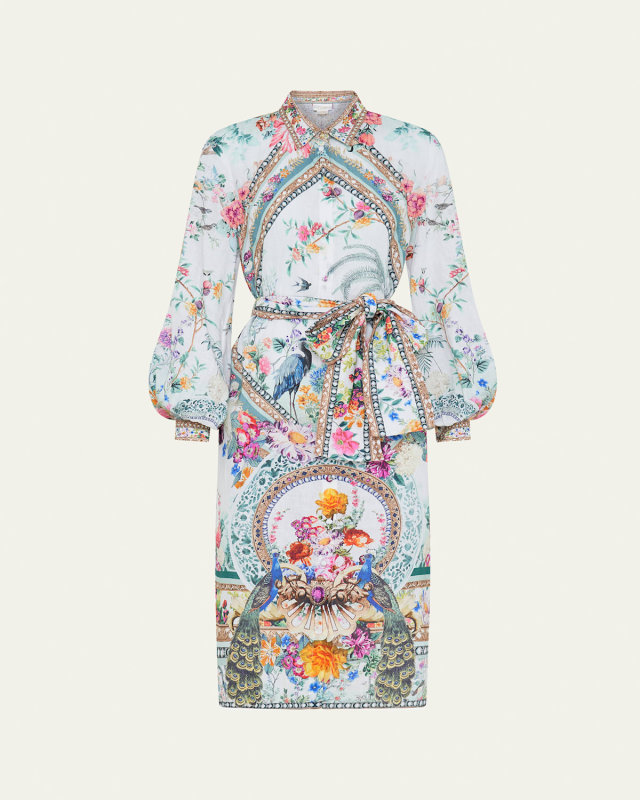 Floral Linen Belted High-Low Midi Shirt Dress