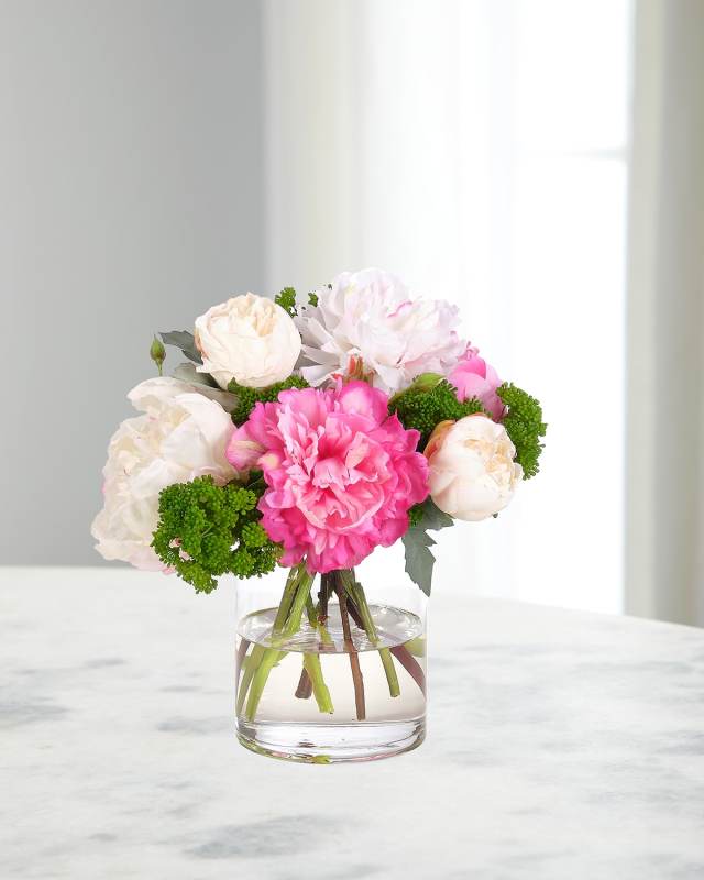 Pink & Cream Peonies 12" Faux Floral Arrangement in Glass Vase