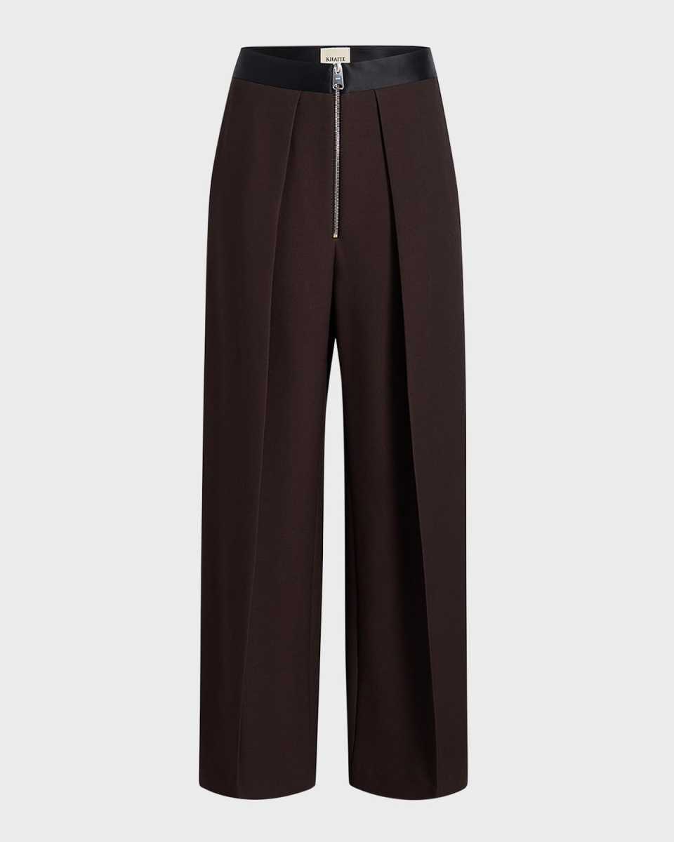 Marine Pleated Wide-Leg Pants with Zipper Front