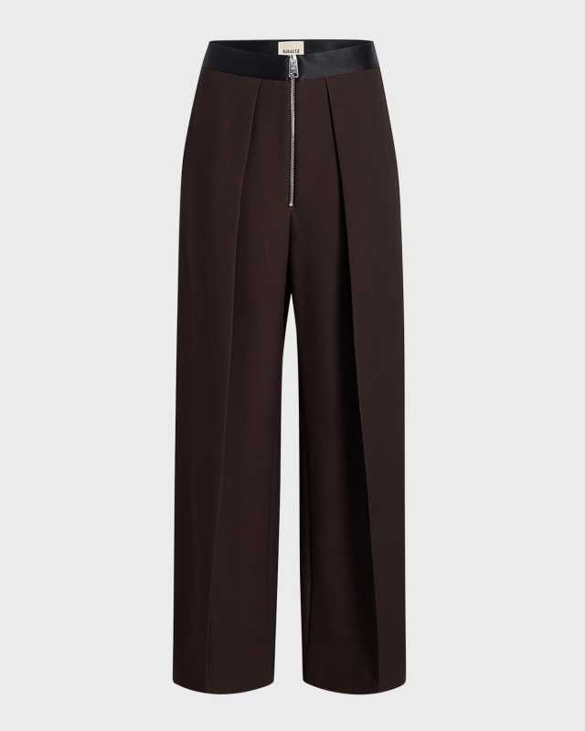 Marine Pleated Wide-Leg Pants with Zipper Front