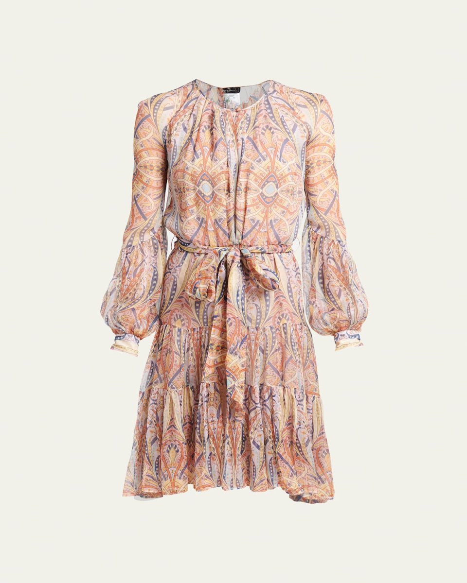Tie-Waist Printed High-Low Silk Midi Dress