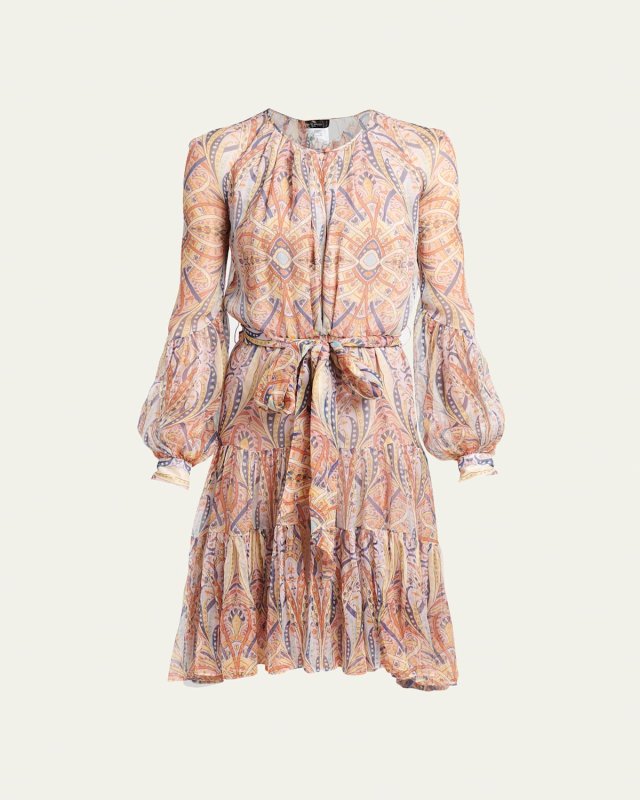 Tie-Waist Printed High-Low Silk Midi Dress
